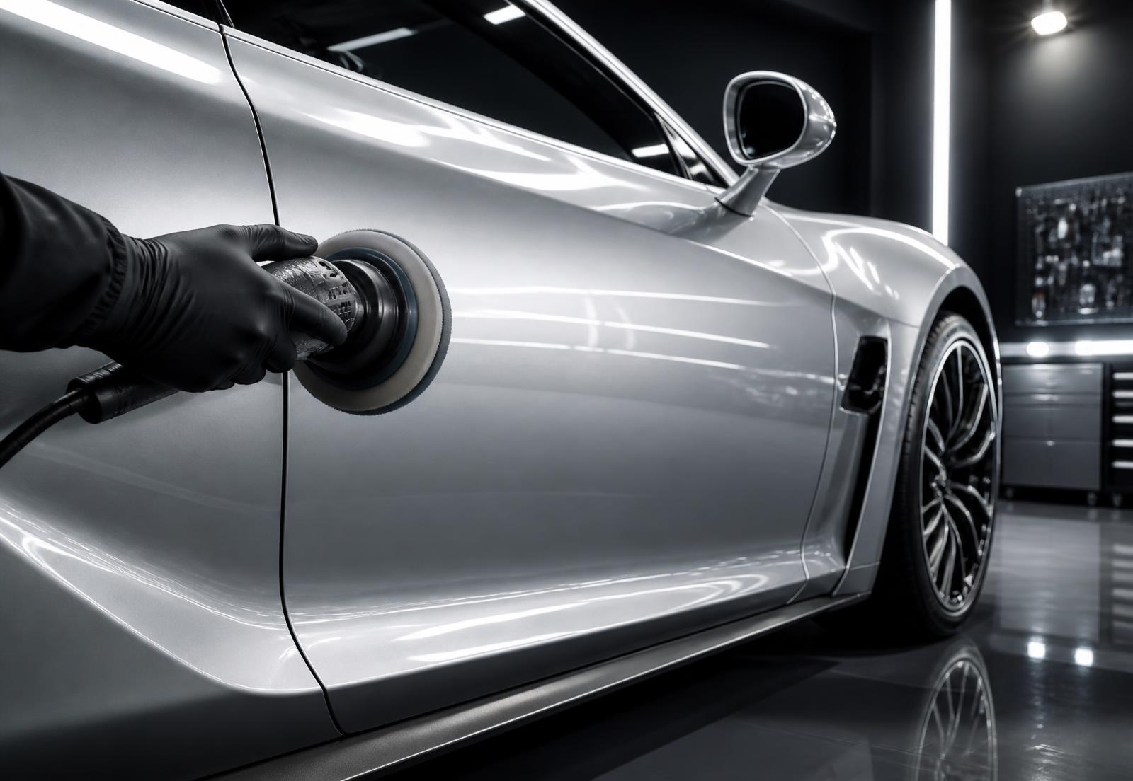 Gümüş spor otomobile uygulanan boya düzeltme işlemi